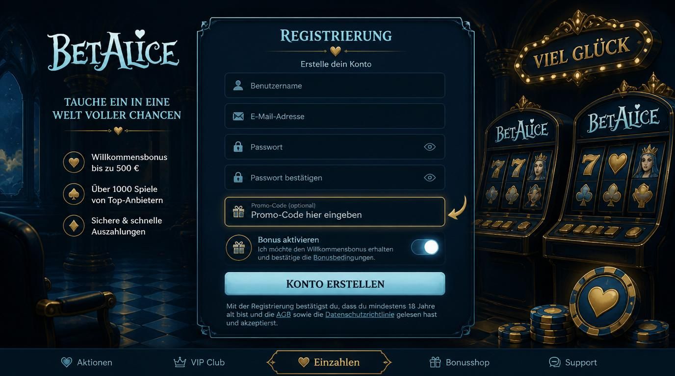 Ein Formular mit sichtbarem Bonus-/Promo-Code Feld und deutschem Text, Bonus-Opt-in Schalter.
