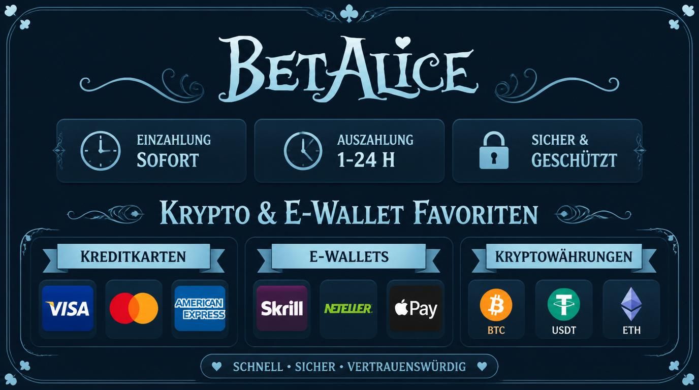 Schnelle Methoden mit Karten, E-Wallets und Krypto zur Ein- und Auszahlung im BetAlice Casino dargestellt.