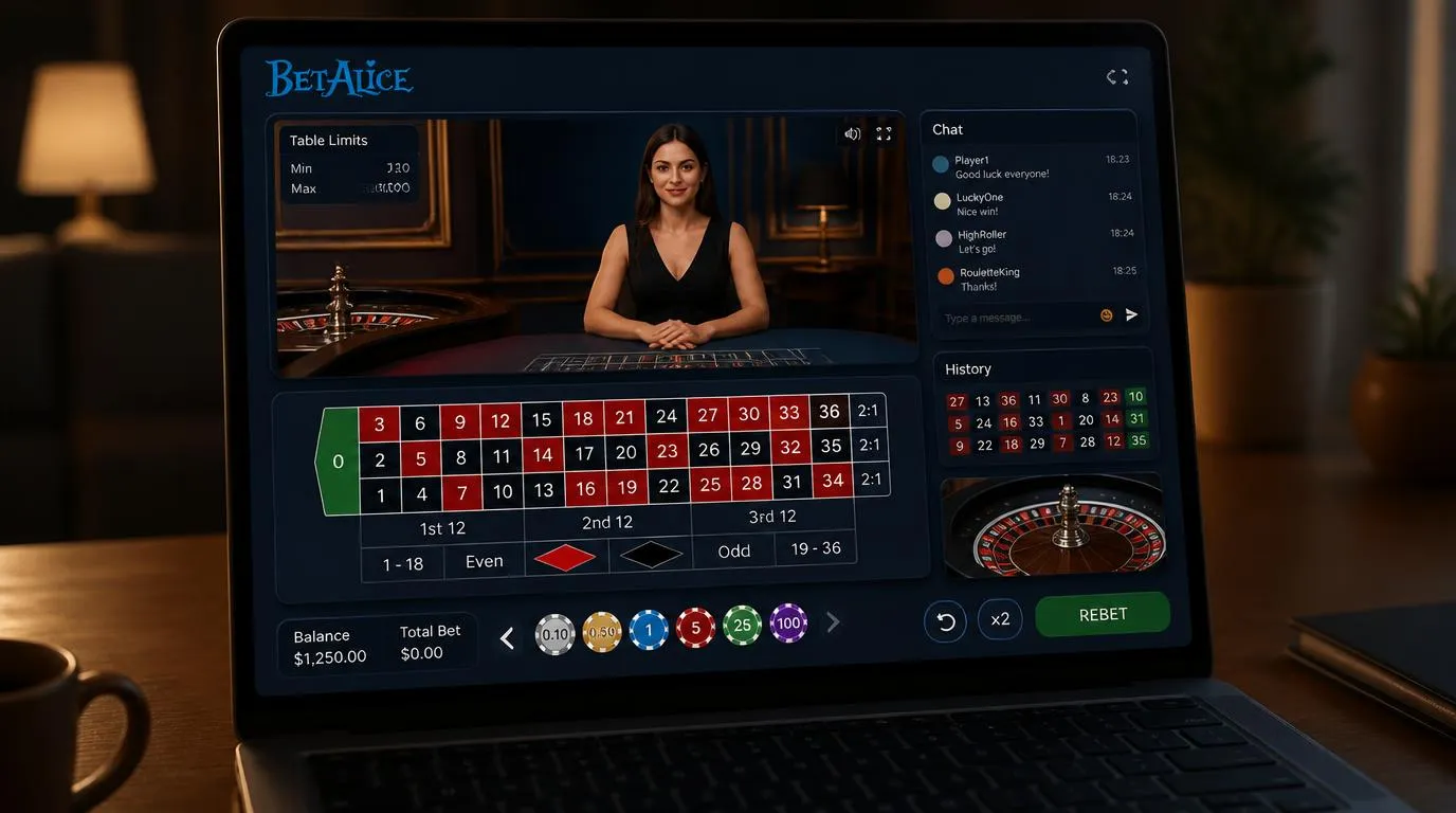 Live-Casino-Oberfläche mit Dealer-Stream, Chat, Wetthistorie und klar erkennbaren Einsatzfeldern