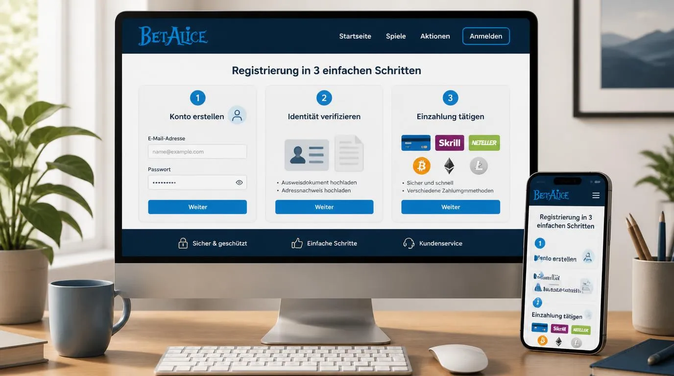 Illustration einer Casino-Anmeldung mit Identitätsprüfung und Auswahl der Einzahlungsmethode